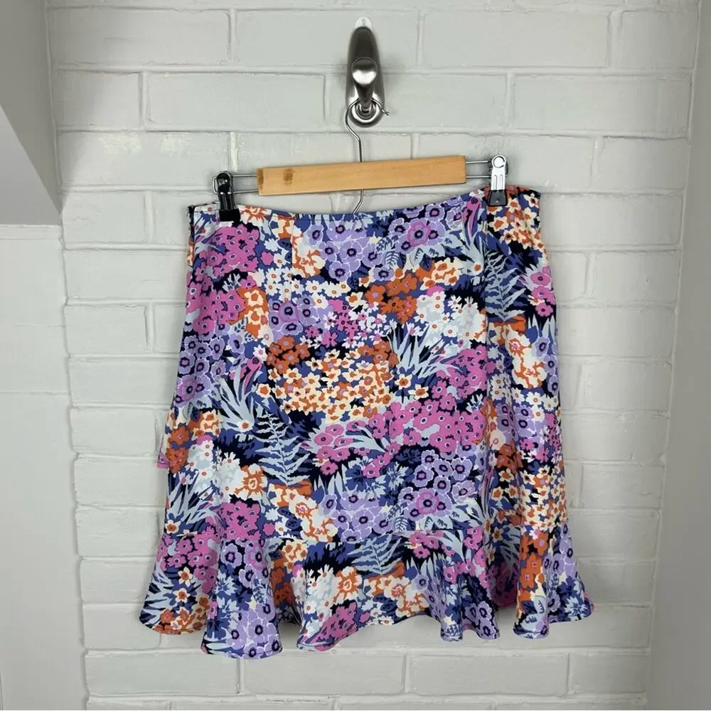 LOFT Multi Color Floral Side Ruffle Skirt Size M